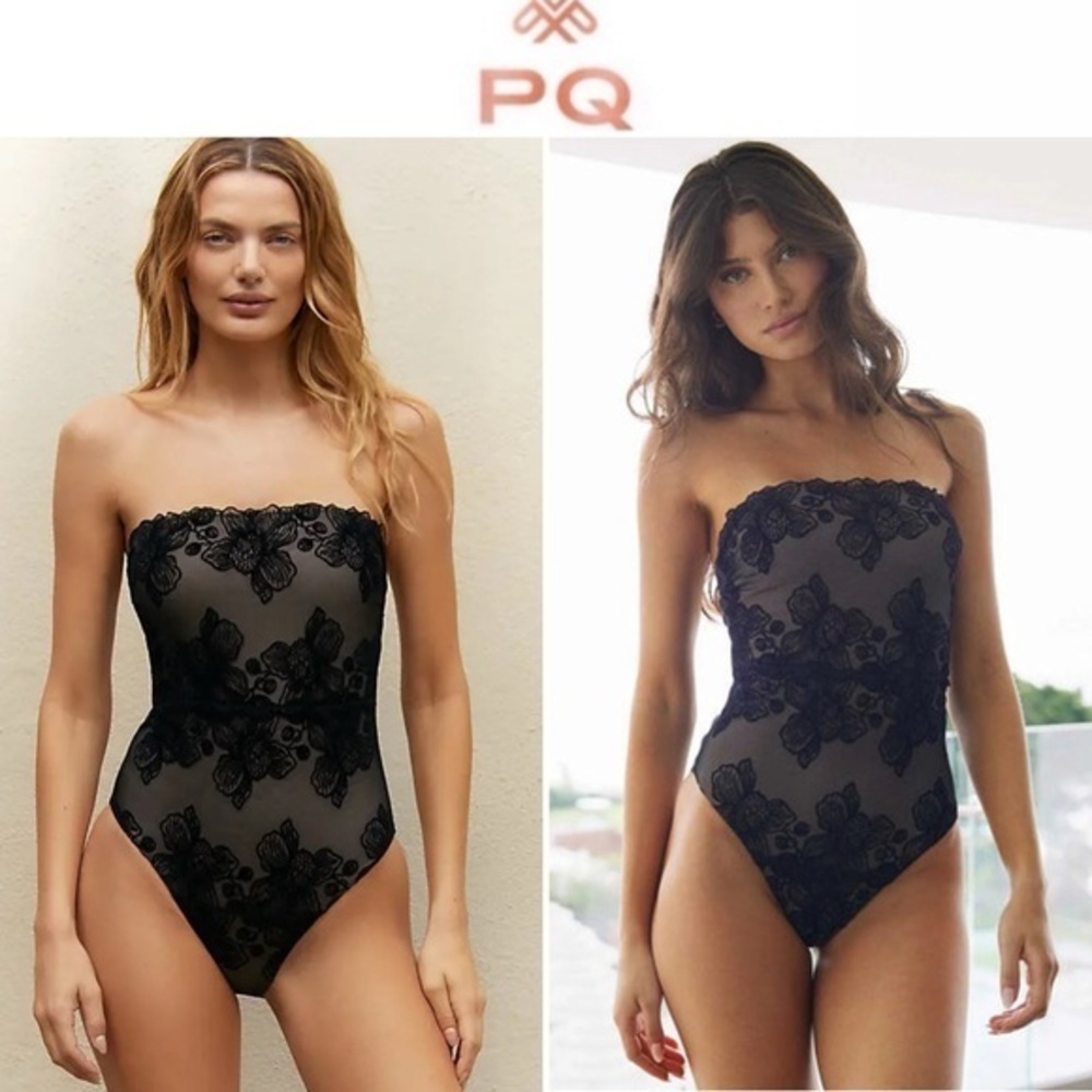 PQ Swim Eclipse Strapless Black Lace One Piece Swimsuit Sz S 164$